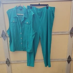 Liz Claiborne Teal Sleeveless Button Vest & Straight Leg Pants Set